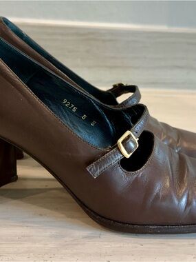 Pura Lopez Brown Leather Mary Jane Heels Size 8 Made in Spain